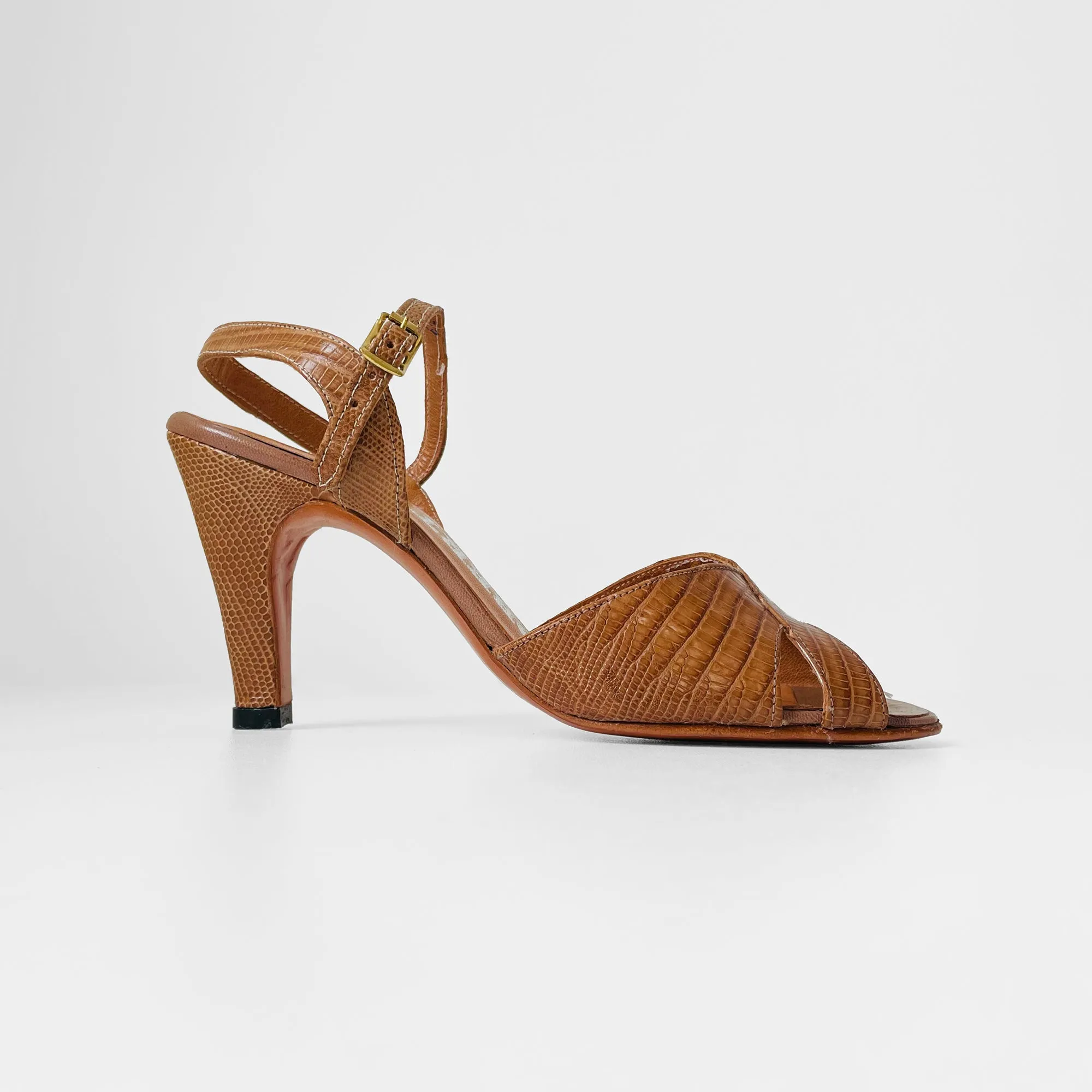 1970s Made in Canada Tan, Leather Peep-Toe Sandal Heels - Sz. 6.5