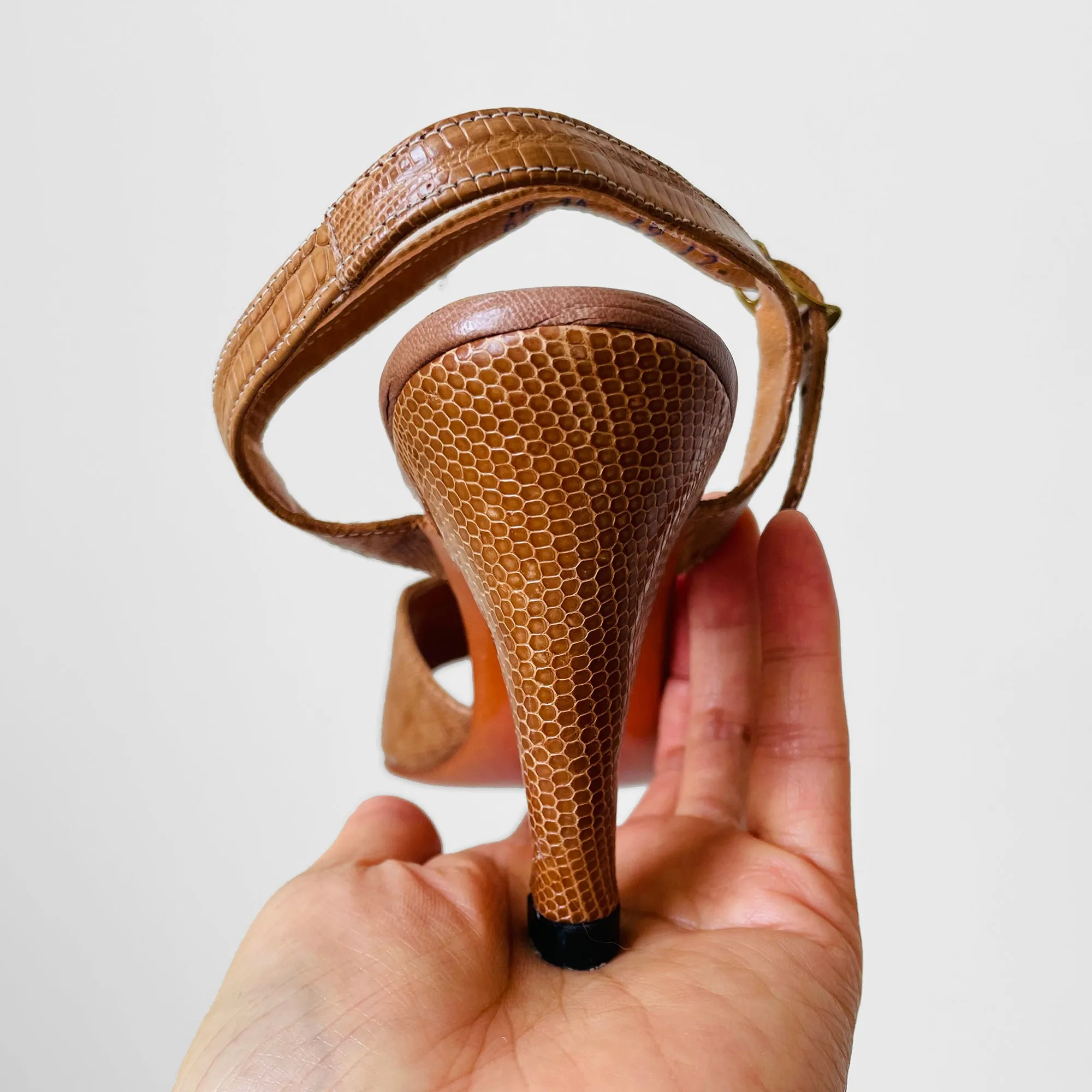 1970s Made in Canada Tan, Leather Peep-Toe Sandal Heels - Sz. 6.5