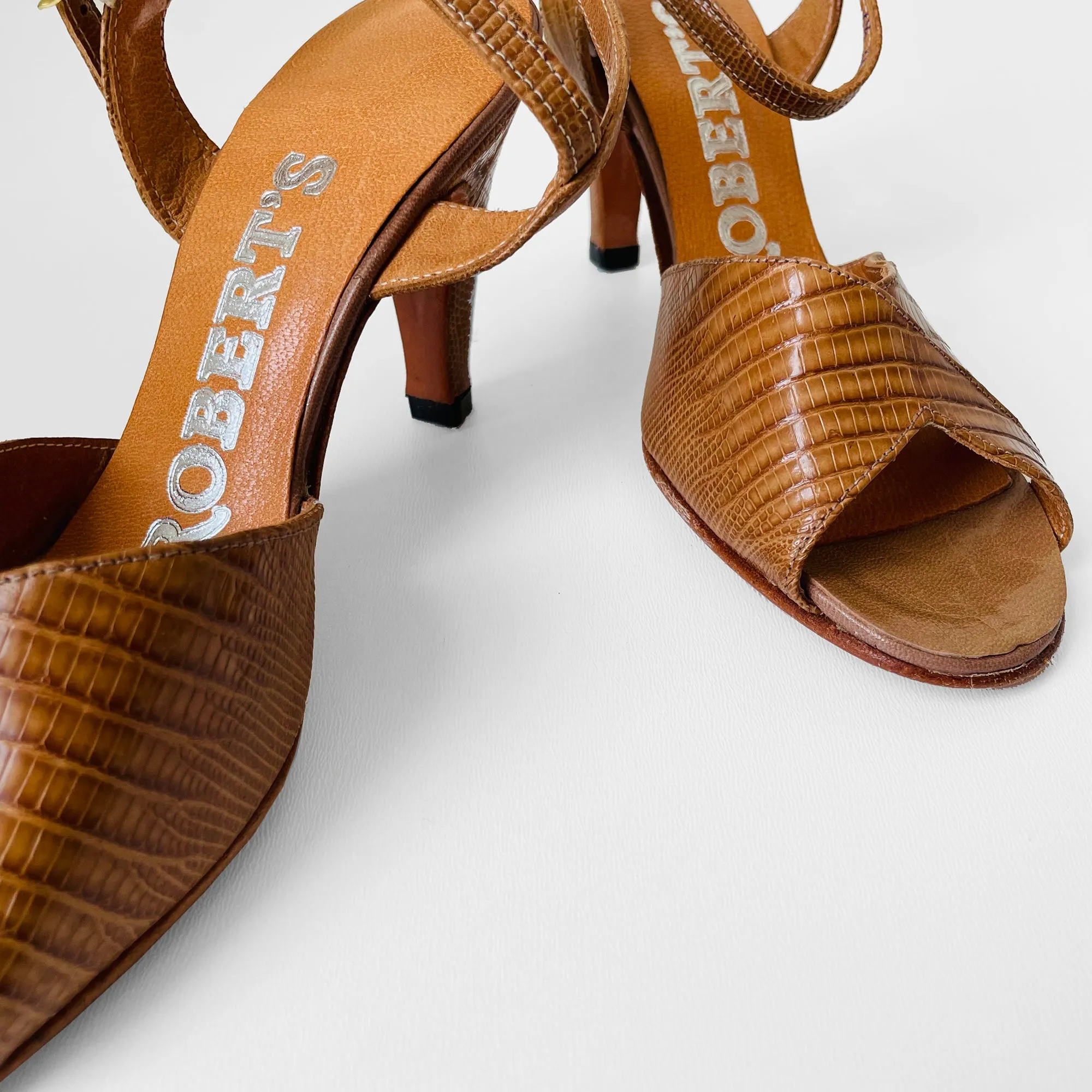 1970s Made in Canada Tan, Leather Peep-Toe Sandal Heels - Sz. 6.5