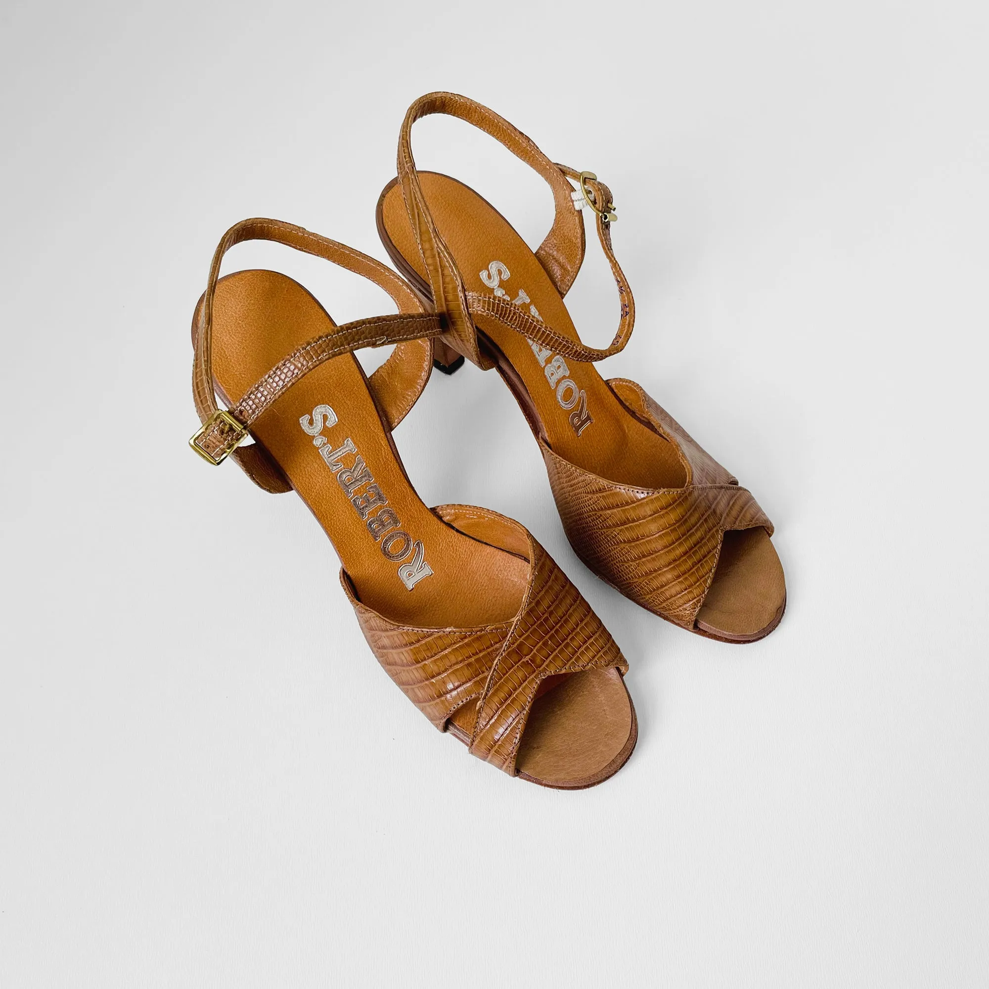 1970s Made in Canada Tan, Leather Peep-Toe Sandal Heels - Sz. 6.5