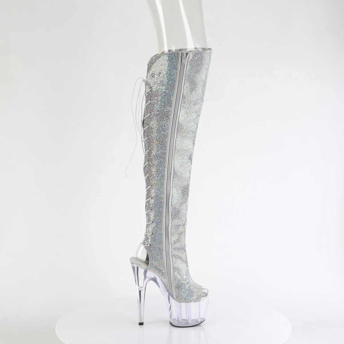ADORE-3019C-RS Silver Rhinestone Platform Thigh High Peep Toe Boots