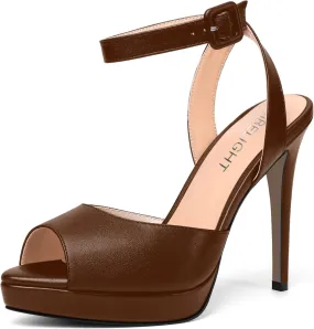 AMBELIGHT Womens Peep Toe Dating Platform Block Matte Buckle Dress Ankle Strap Stiletto High Heel Sandals 4.7 Inch