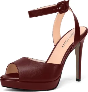 AMBELIGHT Womens Peep Toe Dating Platform Block Matte Buckle Dress Ankle Strap Stiletto High Heel Sandals 4.7 Inch