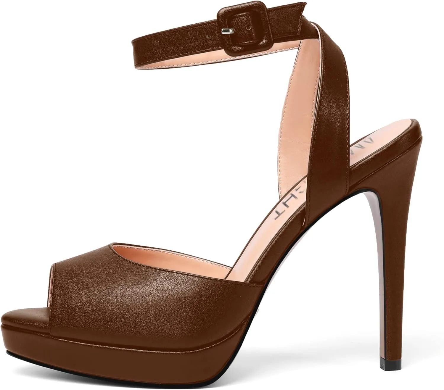 AMBELIGHT Womens Peep Toe Dating Platform Block Matte Buckle Dress Ankle Strap Stiletto High Heel Sandals 4.7 Inch