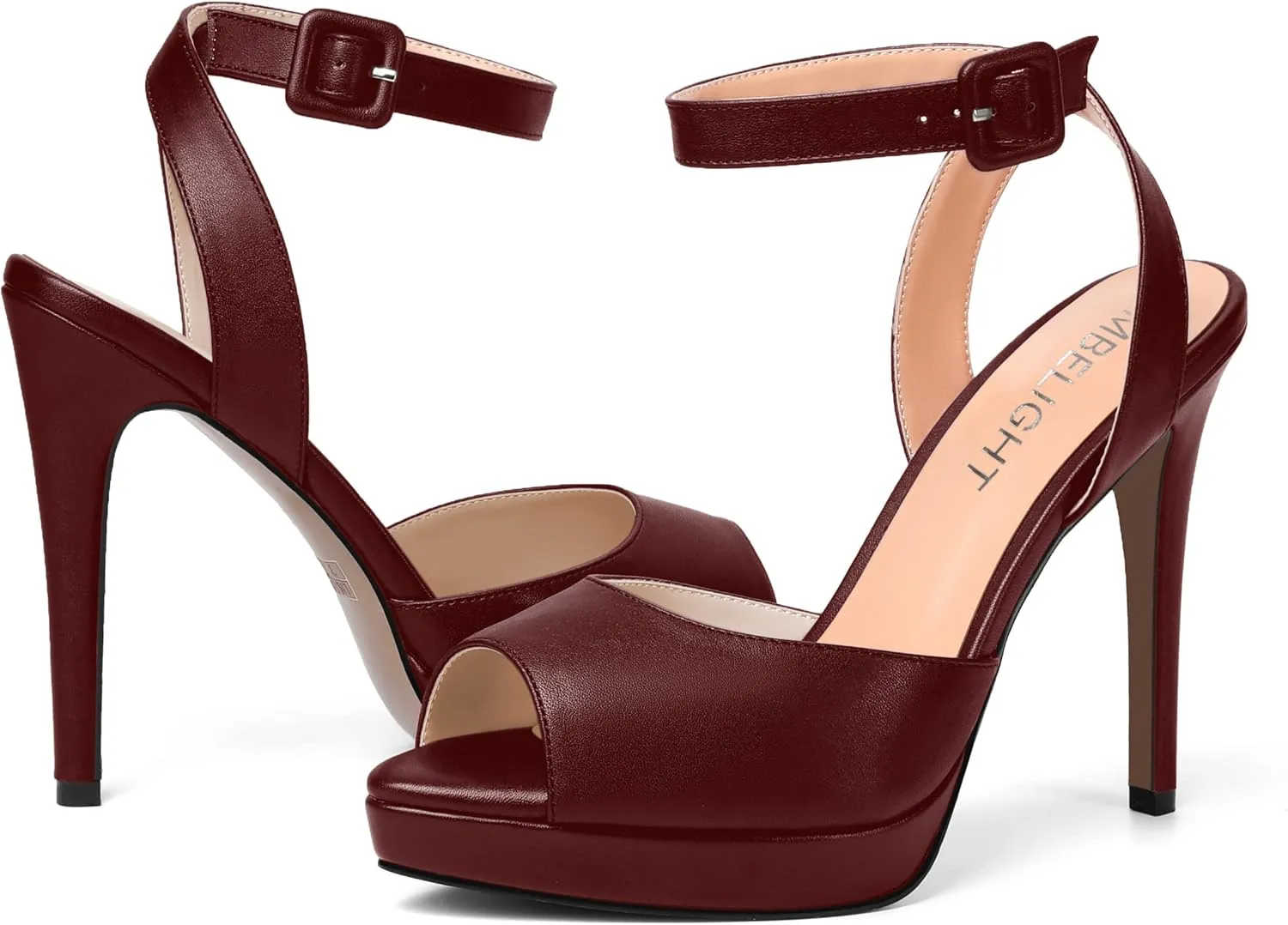 AMBELIGHT Womens Peep Toe Dating Platform Block Matte Buckle Dress Ankle Strap Stiletto High Heel Sandals 4.7 Inch
