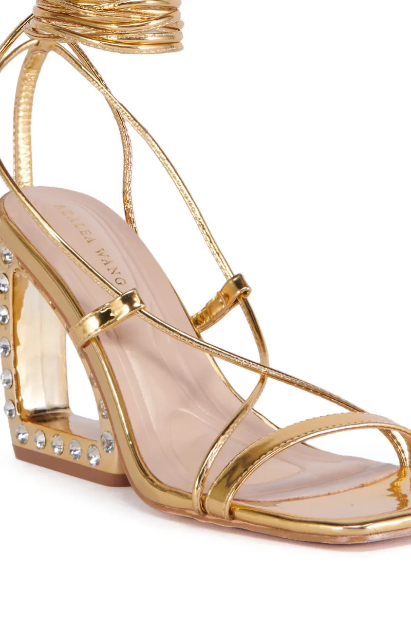AZALEA WANG LUZETTE RHINESTONE HEEL GOLD SANDAL
