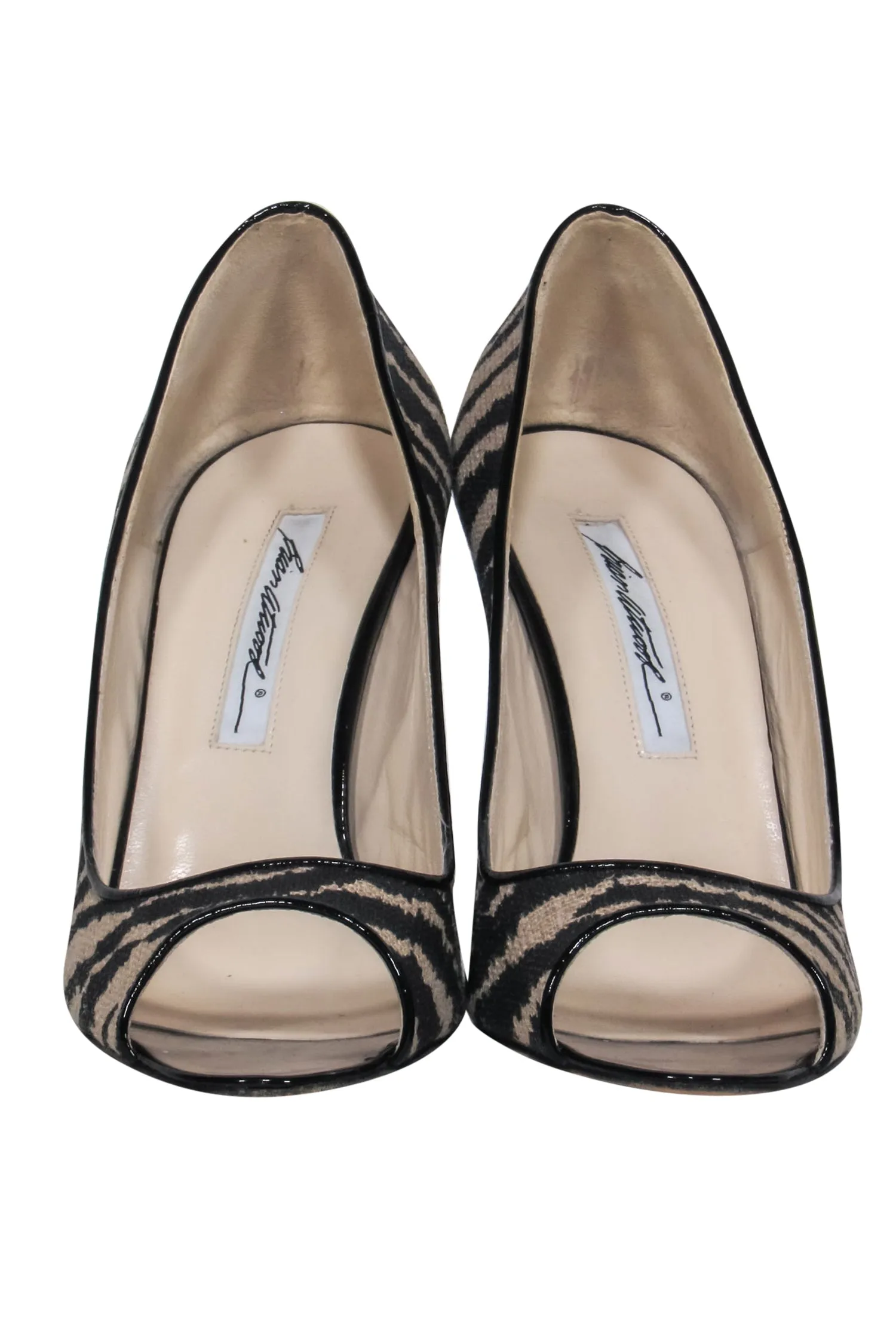 Brian Atwood - Tan & Black Woven Zebra Print Peep-Toe Wedges Sz 8