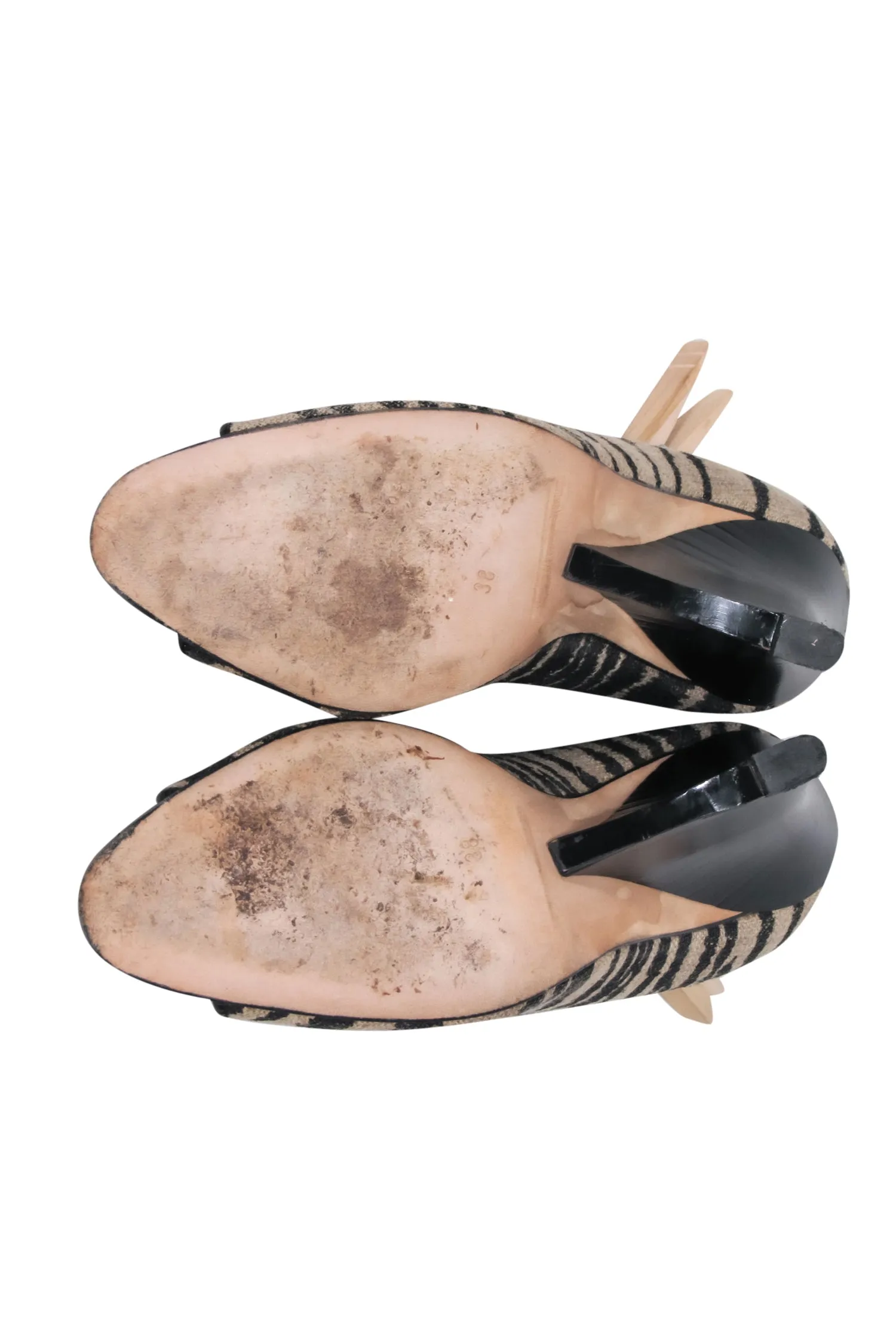 Brian Atwood - Tan & Black Woven Zebra Print Peep-Toe Wedges Sz 8