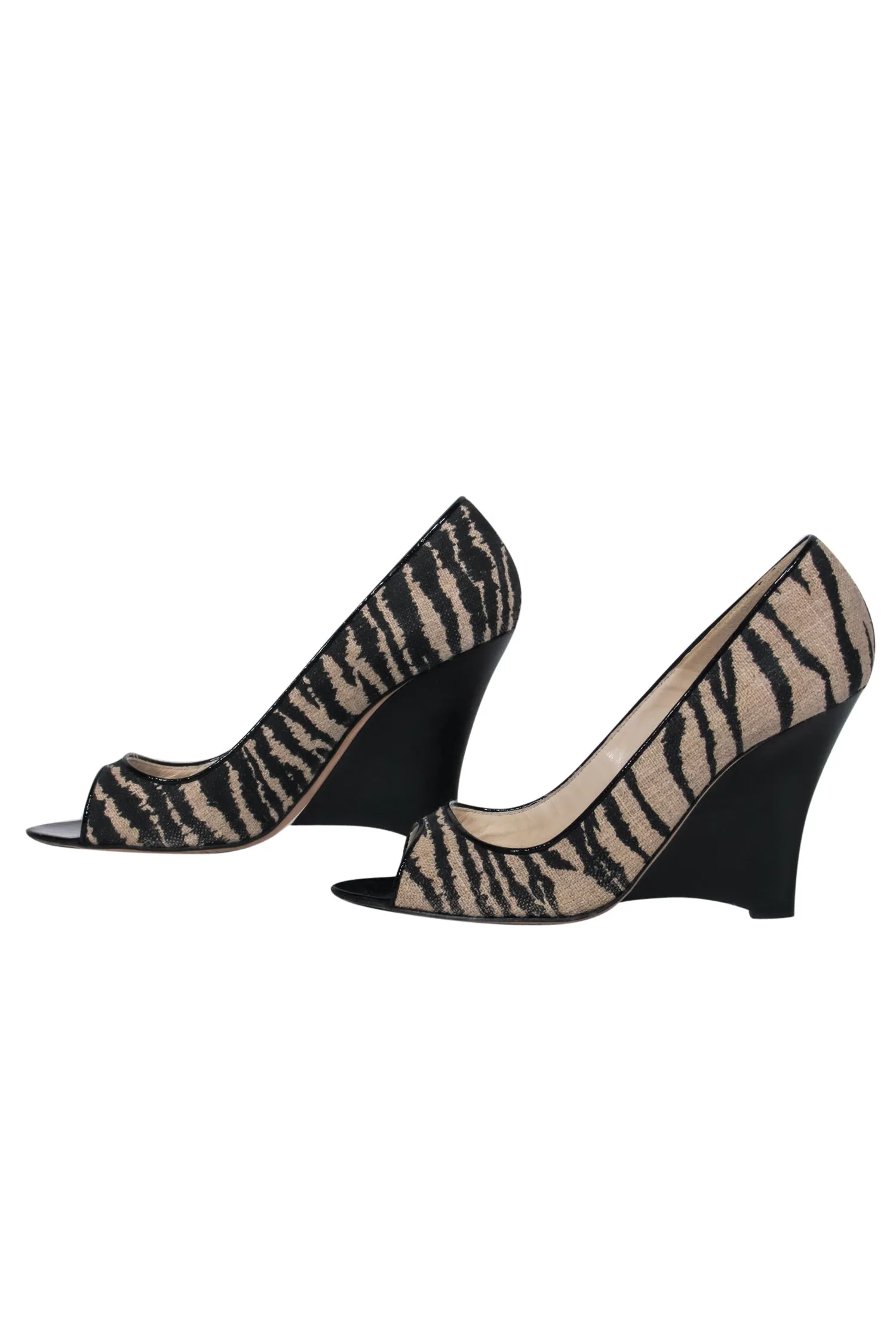 Brian Atwood - Tan & Black Woven Zebra Print Peep-Toe Wedges Sz 8