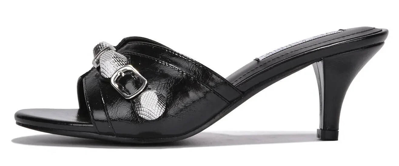 Cape Robbin Cameli Black Stud Detail Kitten Heel Slip On Open Rounded Toe Pumps