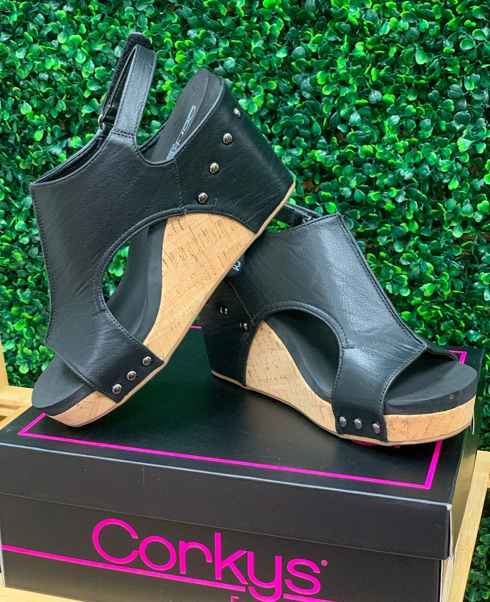 Corkys Tiffanee Black Smooth Wedges