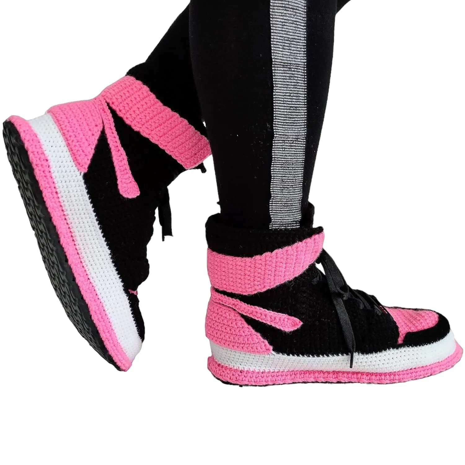 Custom Knitted Cozy Pink Sneaker Plush Slippers, Basketball Jordan-Inspired Booties Cotton Socks, Personalized Comfort Comfy Indoor Shoes, Handcrafted Crochet Sneakers Slipper