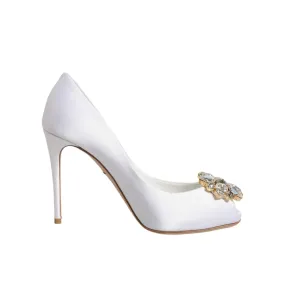 Dolce & Gabbana White Crystals Peep Toe Satin Pumps Shoes