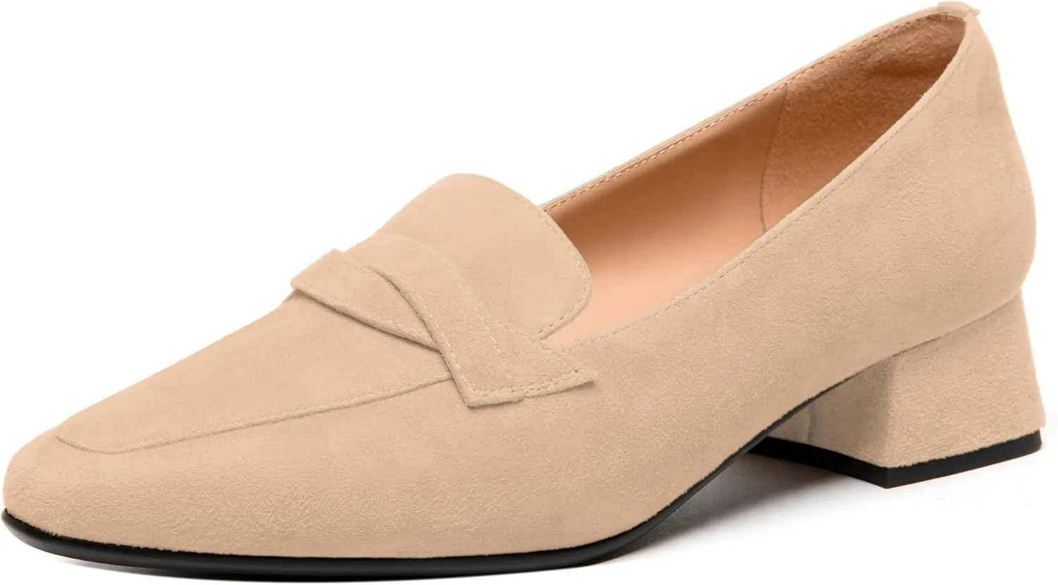 FEMSTEP Womens Slip On Work Casual Suede Leather Square Toe Chunky Low Heel Loafers Shoes 1.5 Inch