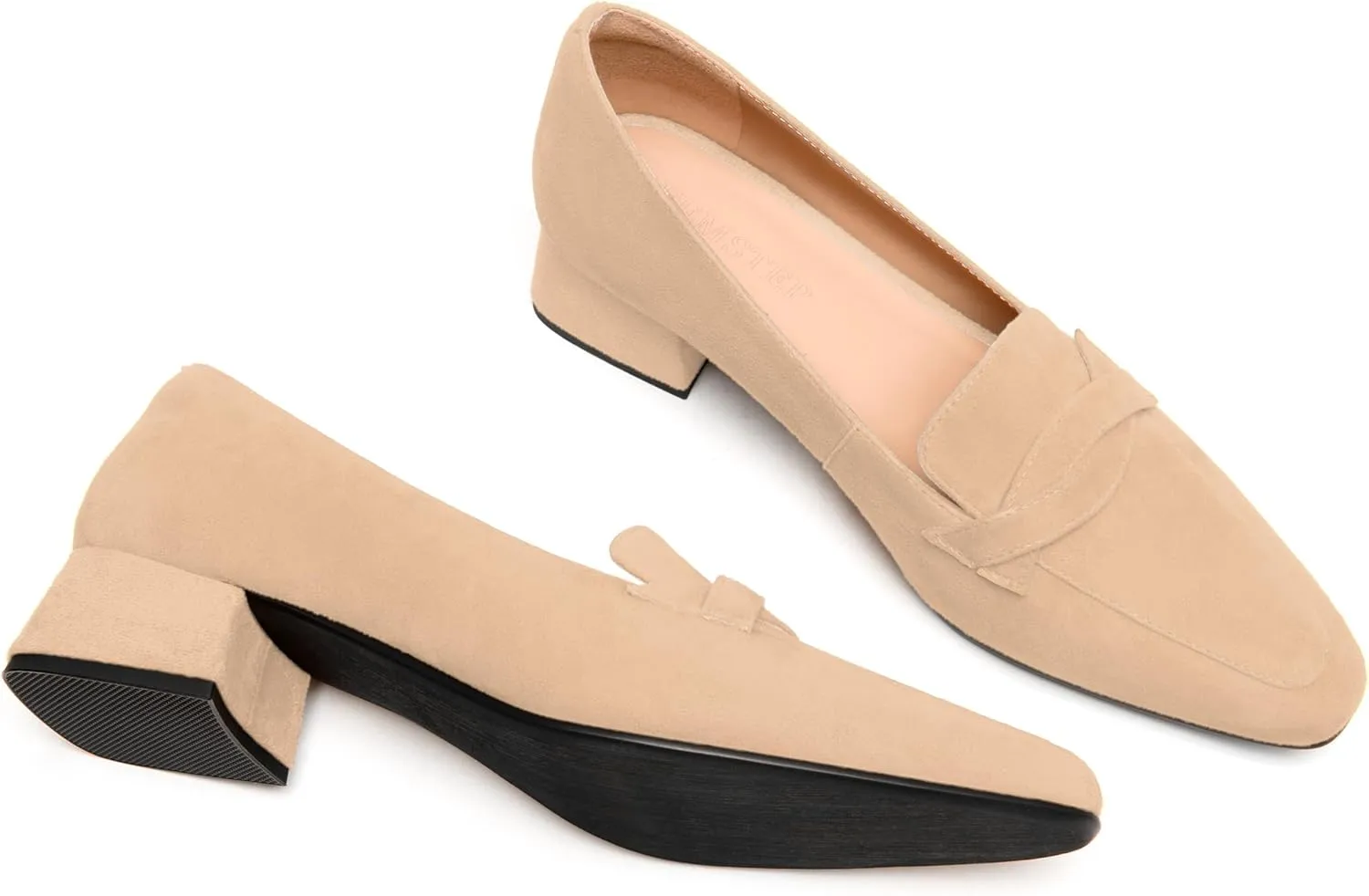 FEMSTEP Womens Slip On Work Casual Suede Leather Square Toe Chunky Low Heel Loafers Shoes 1.5 Inch