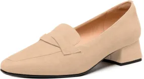 FEMSTEP Womens Slip On Work Casual Suede Leather Square Toe Chunky Low Heel Loafers Shoes 1.5 Inch