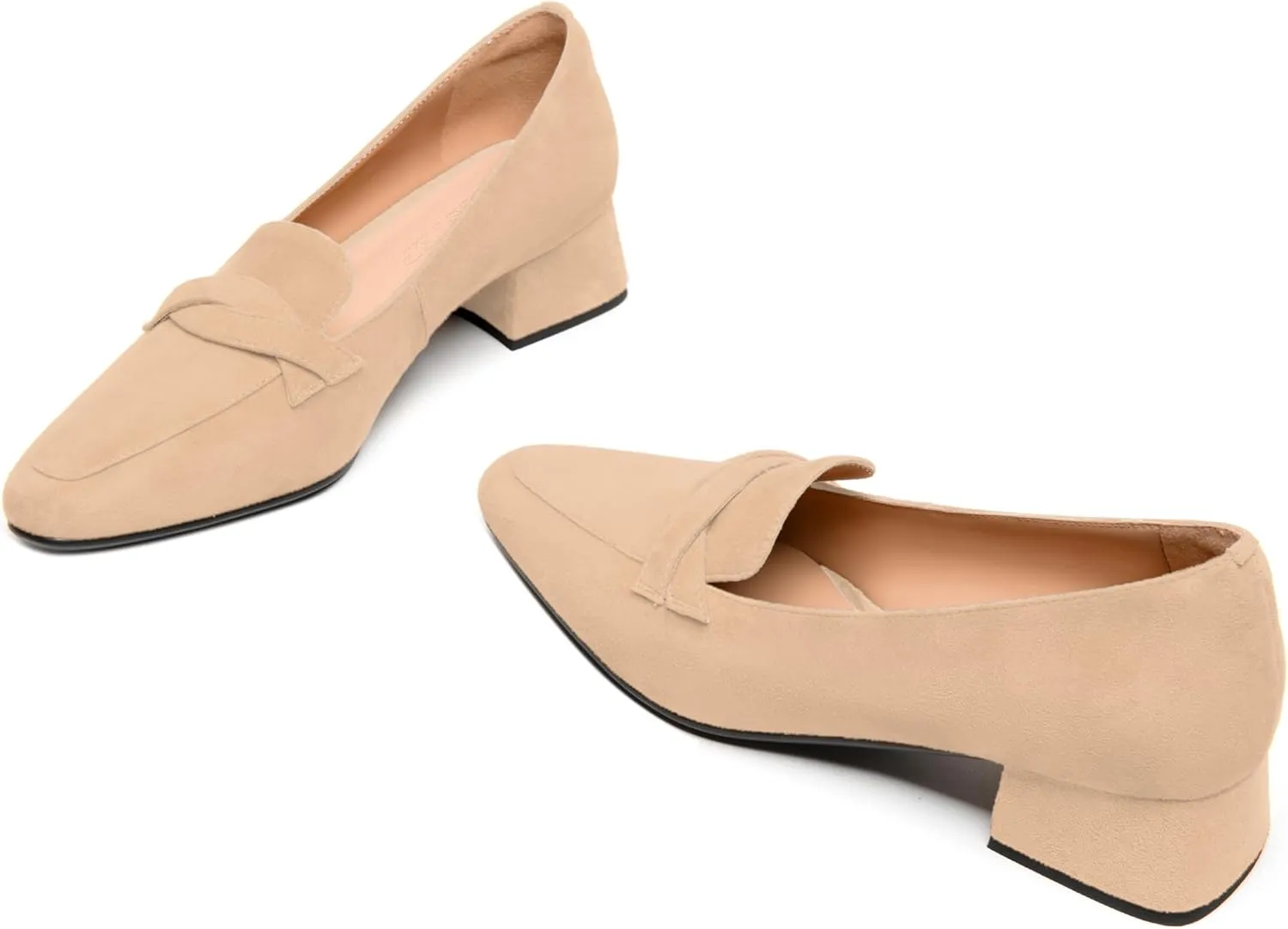 FEMSTEP Womens Slip On Work Casual Suede Leather Square Toe Chunky Low Heel Loafers Shoes 1.5 Inch