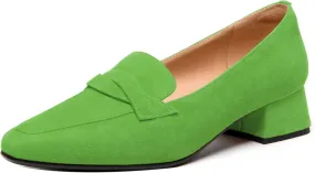 FEMSTEP Womens Slip On Work Casual Suede Leather Square Toe Chunky Low Heel Loafers Shoes 1.5 Inch