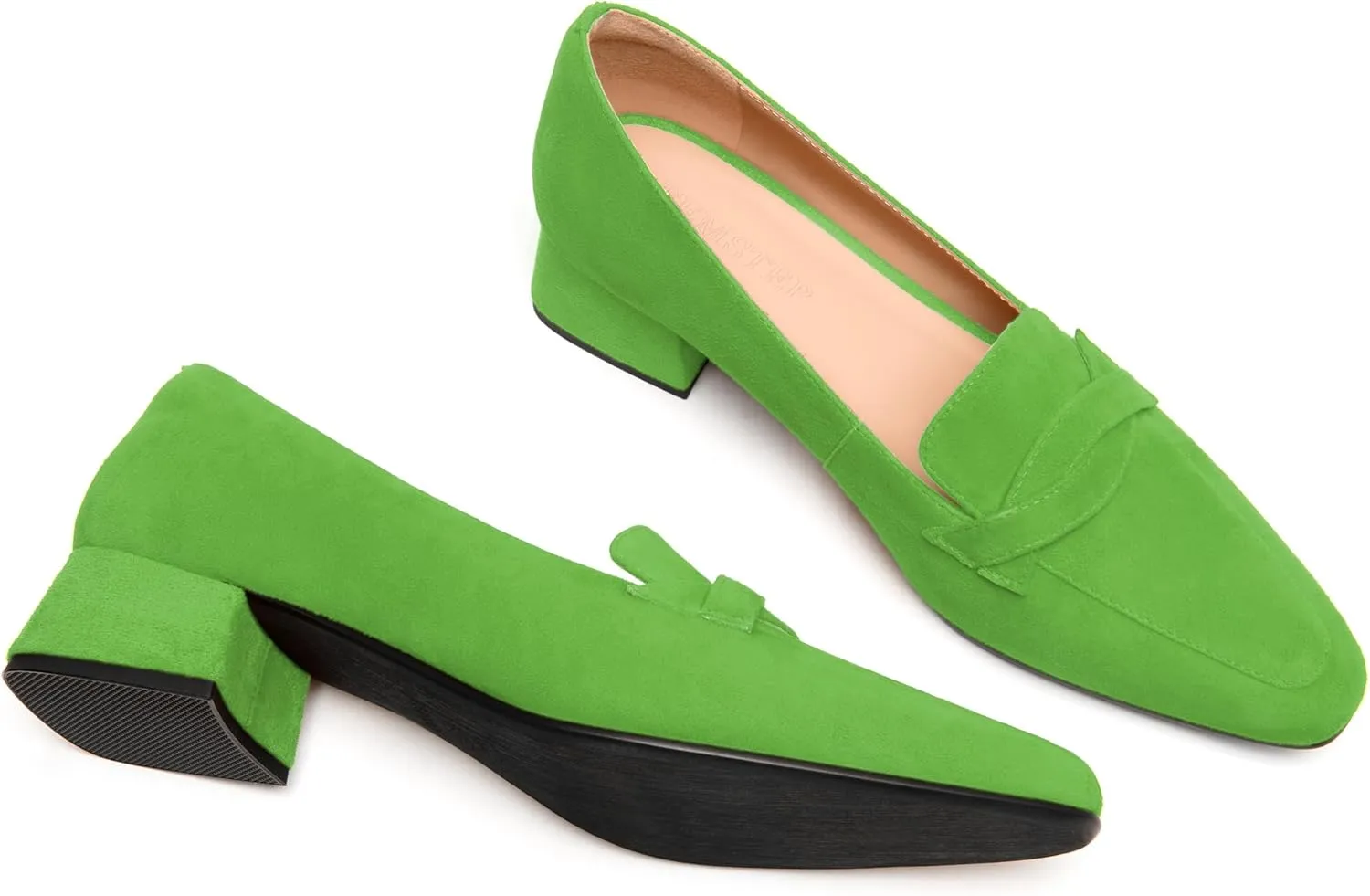 FEMSTEP Womens Slip On Work Casual Suede Leather Square Toe Chunky Low Heel Loafers Shoes 1.5 Inch