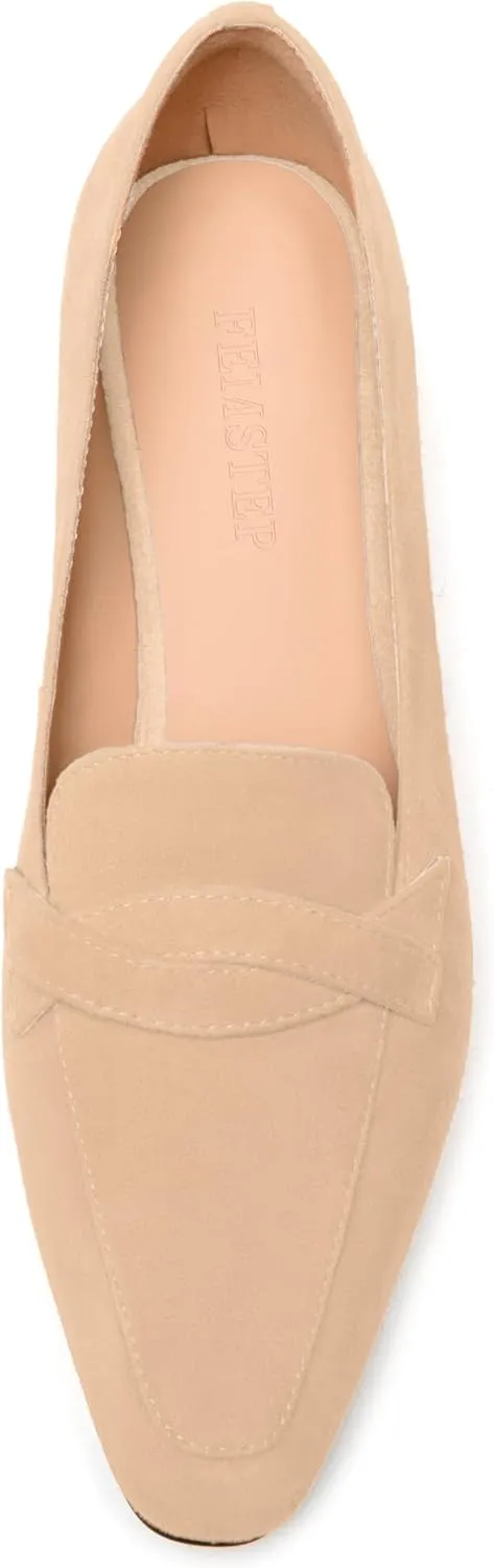 FEMSTEP Womens Slip On Work Casual Suede Leather Square Toe Chunky Low Heel Loafers Shoes 1.5 Inch