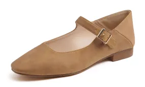 Feversole Women's Mary Jane Fashion Square Toe Easy Buckle Low Heel Slip On Flats Vegan Nubuck Leather