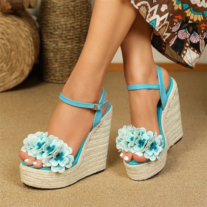 Flowers Weave Platform Wedges High Heels Buckle Strap Shoes