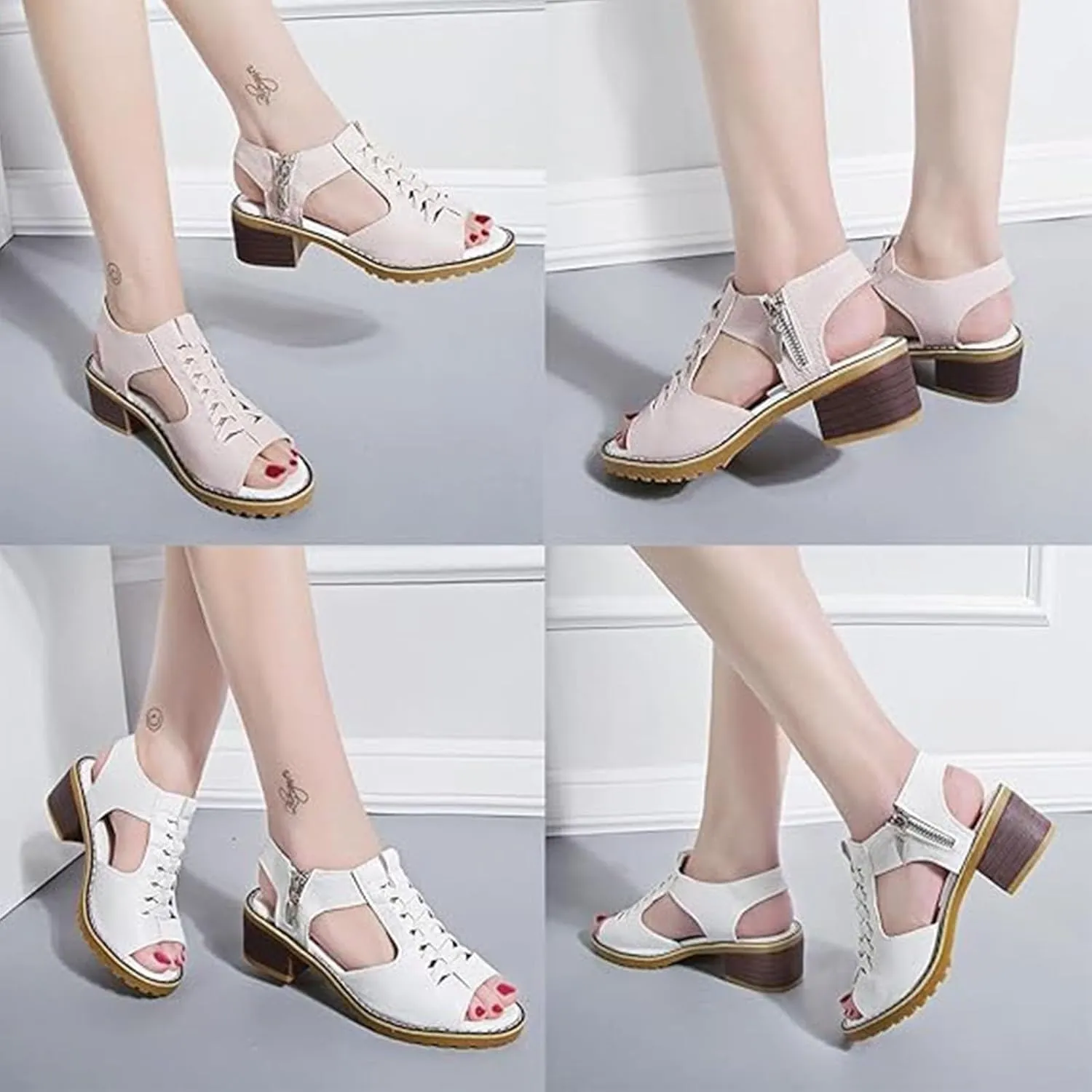 Funfany Peep Toe Cutout Zipper Chunky Heeled Sandals, Women's Thick Comfy Orthotic Sandals, Toe Sandal for Women