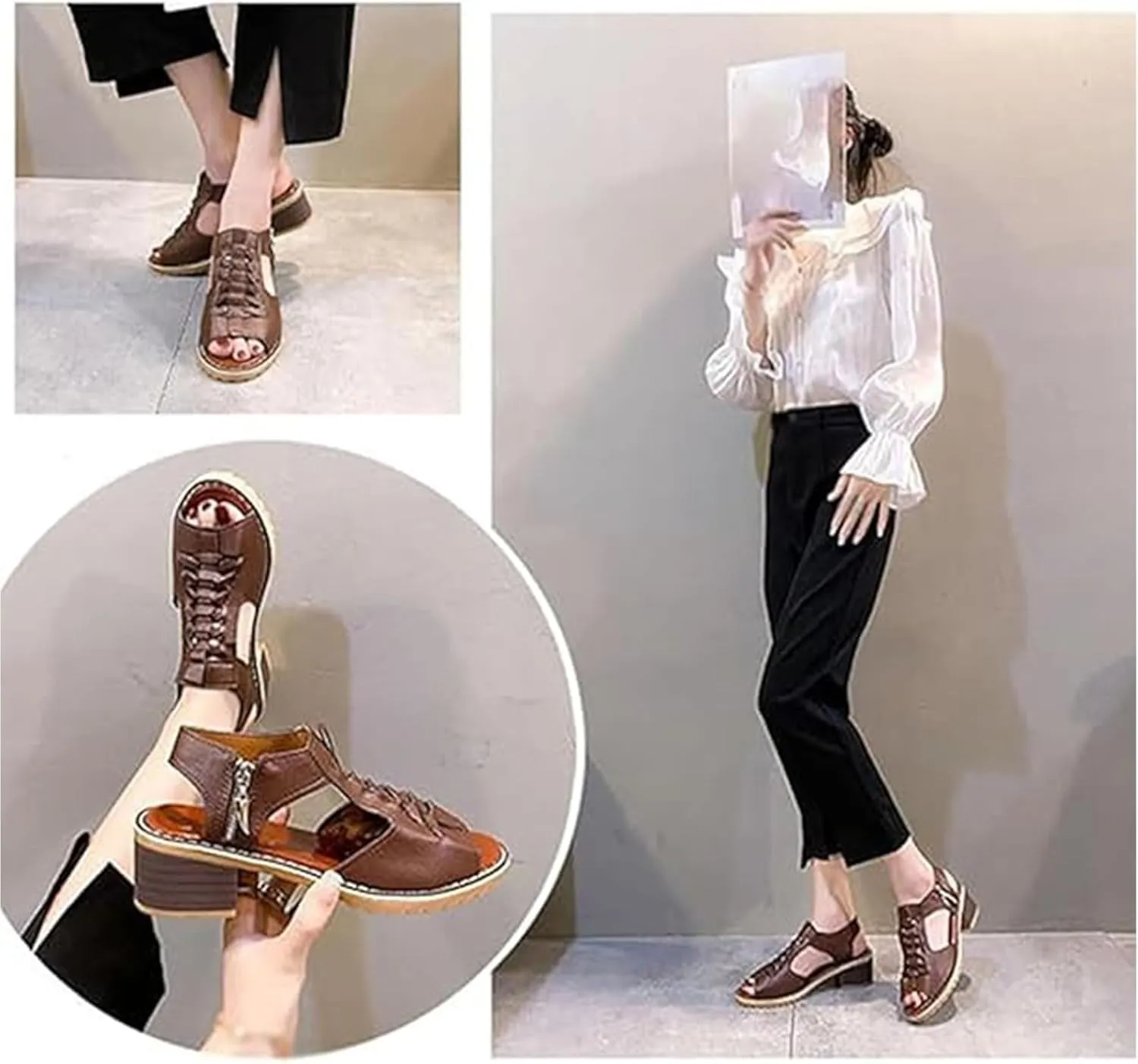 Funfany Peep Toe Cutout Zipper Chunky Heeled Sandals, Women's Thick Comfy Orthotic Sandals, Toe Sandal for Women