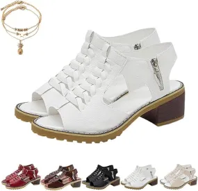 Funfany Peep Toe Cutout Zipper Chunky Heeled Sandals, Women's Thick Comfy Orthotic Sandals, Toe Sandal for Women