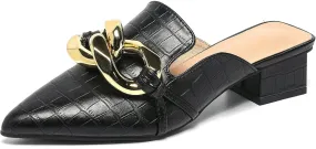 GATUXUS Women's Block Low Heeled Mules Metal Buckle Decor Pointed Toe Slides Backless Loafers Mule Sandals Shoes