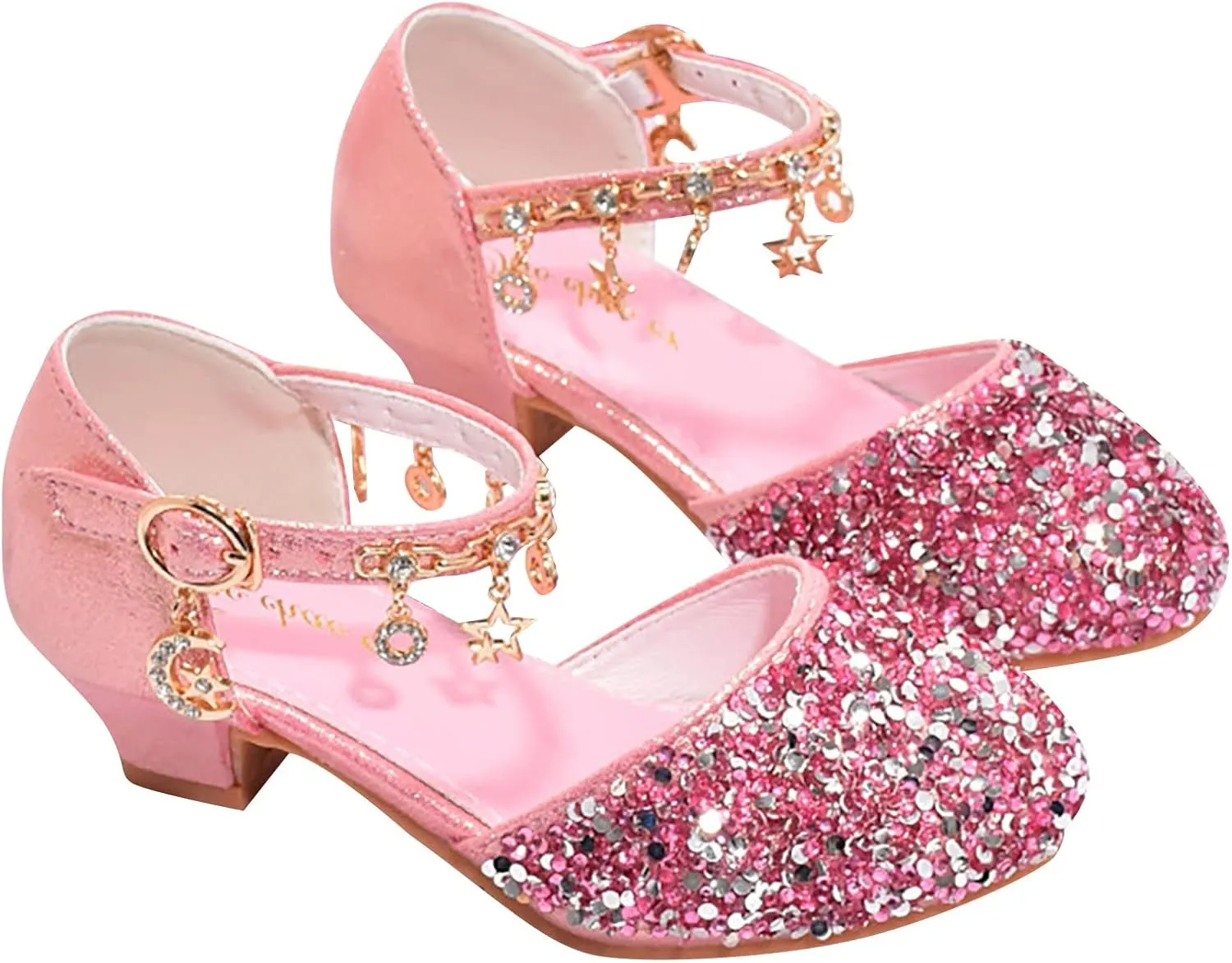 Girls Rhinestone Low Heeled Dress Shoes Glitter Sequins Party Dance Shoes Closed Toe Kids Mary Jane Sandals