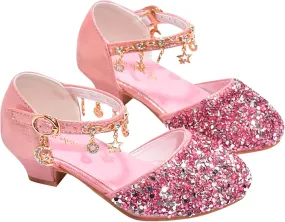 Girls Rhinestone Low Heeled Dress Shoes Glitter Sequins Party Dance Shoes Closed Toe Kids Mary Jane Sandals