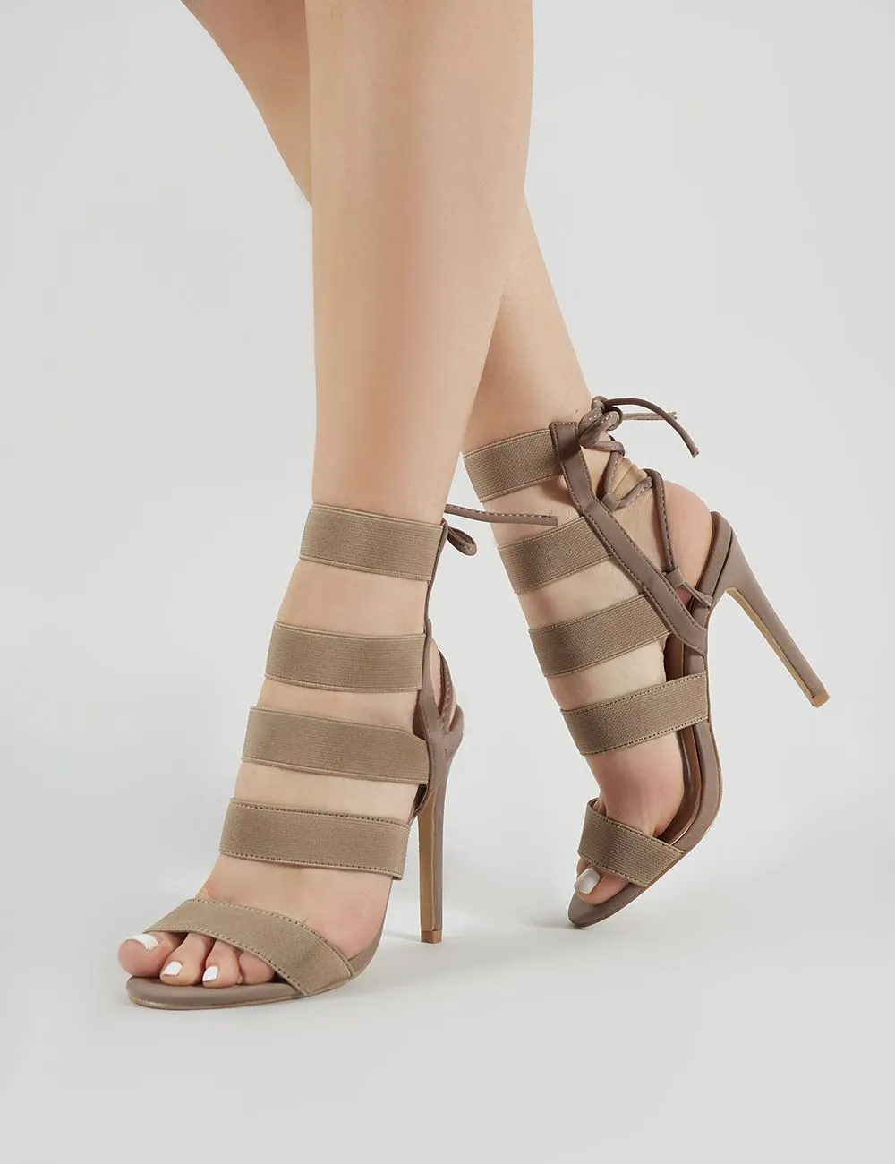 Harper Strappy Stiletto Heels in Taupe