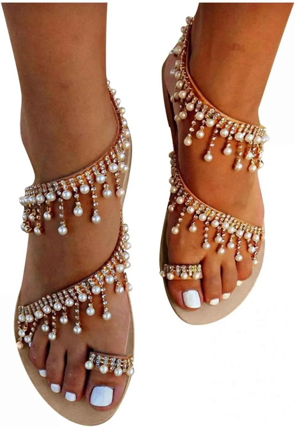 Hbeylia Boho Flat Sandals for Women,Rhinestones Pearl Design Toe Ring Jeweled Sandals Slip On Casual Beach Shoes for Wedding Bride Bridesmaid Ladies
