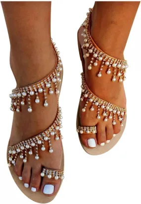 Hbeylia Boho Flat Sandals for Women,Rhinestones Pearl Design Toe Ring Jeweled Sandals Slip On Casual Beach Shoes for Wedding Bride Bridesmaid Ladies
