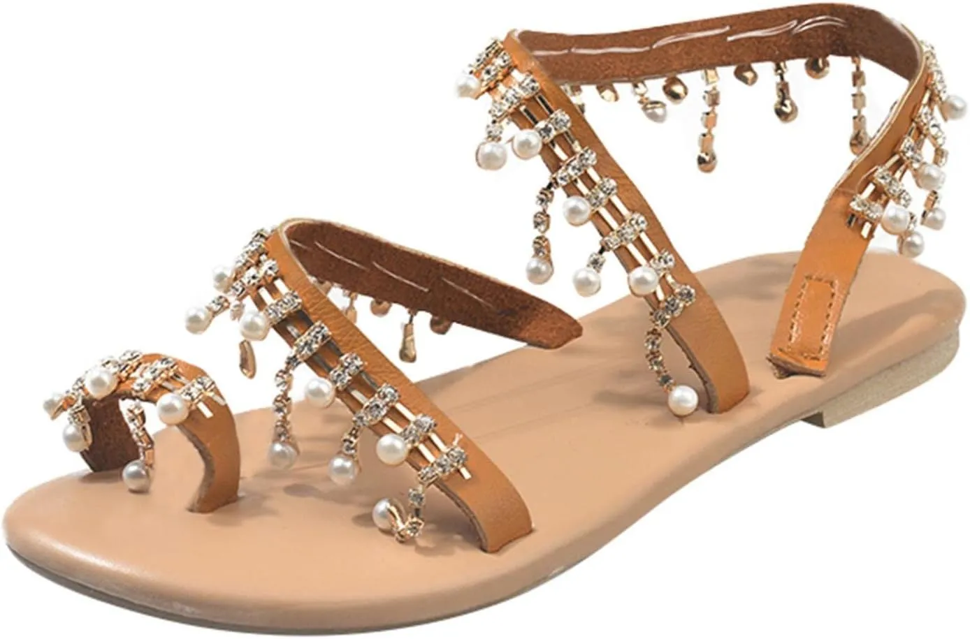 Hbeylia Boho Flat Sandals for Women,Rhinestones Pearl Design Toe Ring Jeweled Sandals Slip On Casual Beach Shoes for Wedding Bride Bridesmaid Ladies