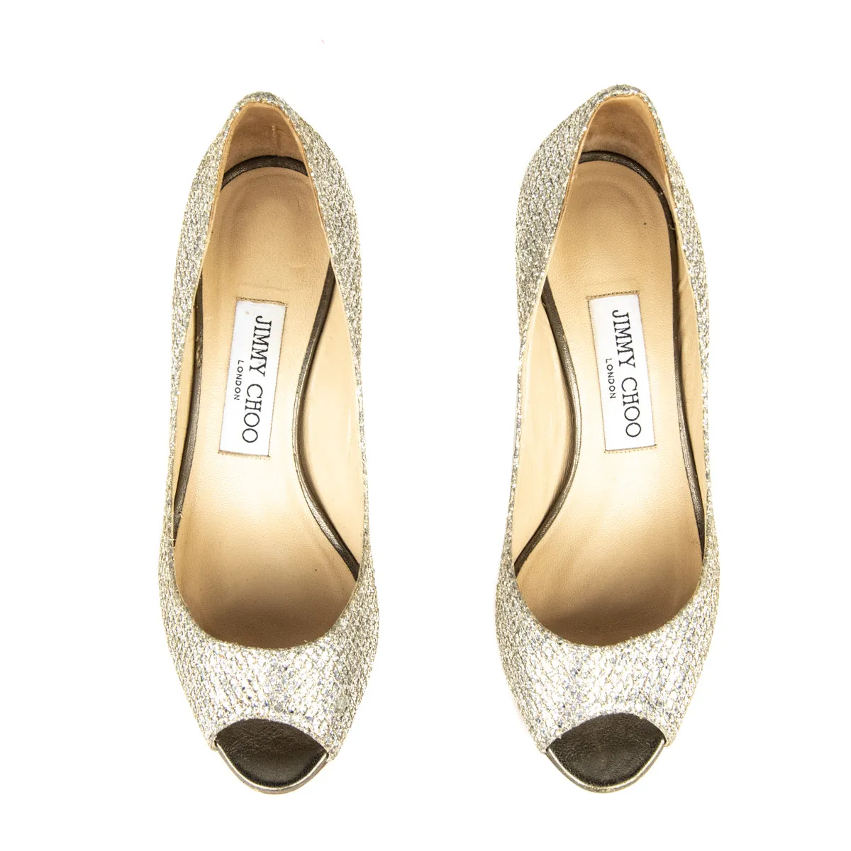 Jimmy Choo Champagne Metallic Peep Toe Pumps Size US 5 | EU 35