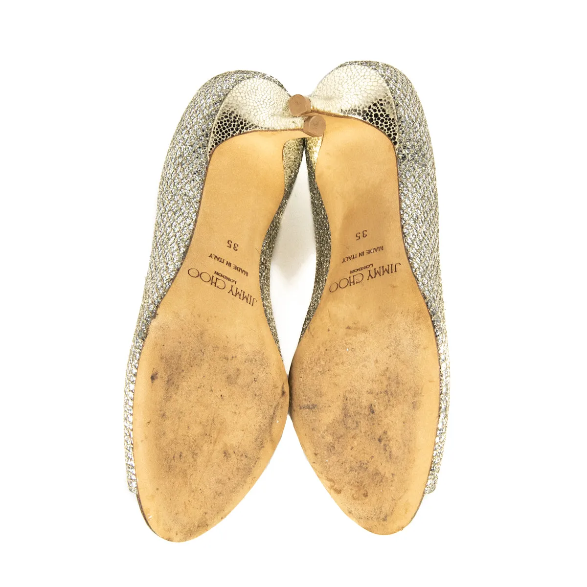 Jimmy Choo Champagne Metallic Peep Toe Pumps Size US 5 | EU 35