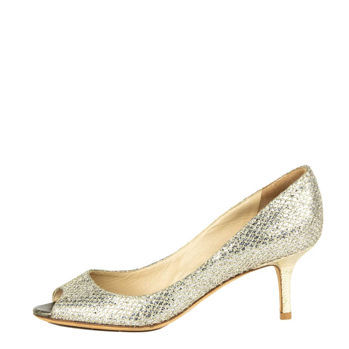 Jimmy Choo Champagne Metallic Peep Toe Pumps Size US 5 | EU 35