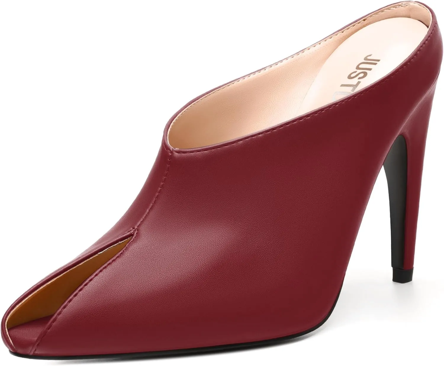 JUSTDANNI Mules for Women Heels Peep Open Toe Stiletto High Heel Sandals Slingback Slip On Comfortable Casual Wedding Office Dating Dress Shoes