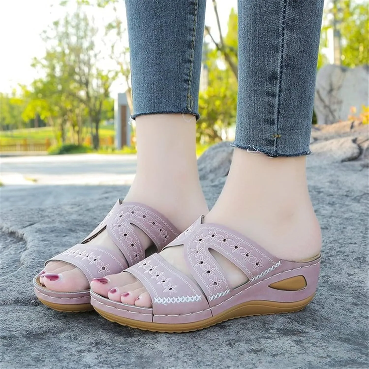 Lausiuoe Orthopedic Dress Sandals For Women Plantar Fasciitis Wedge Heel Slip On Summer Casual Orthotic Slides Flip Flops