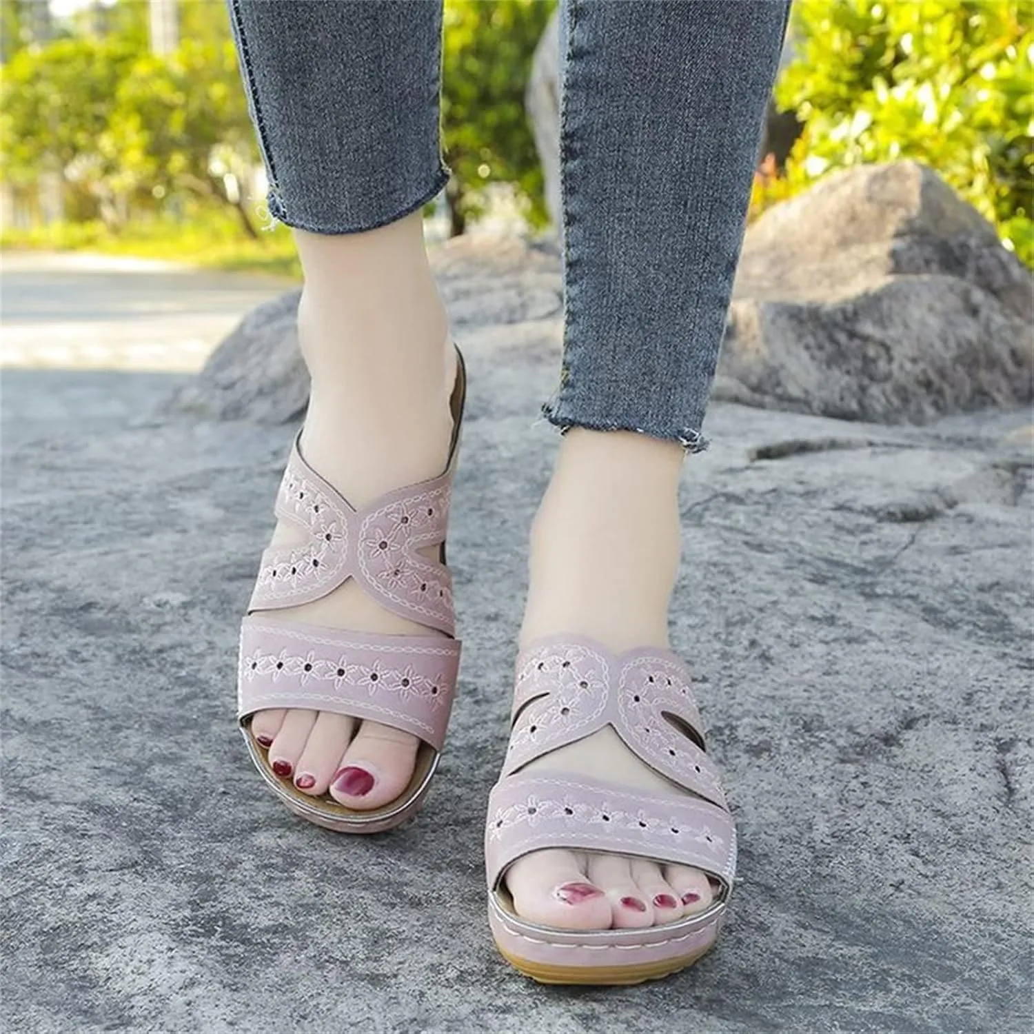 Lausiuoe Orthopedic Dress Sandals For Women Plantar Fasciitis Wedge Heel Slip On Summer Casual Orthotic Slides Flip Flops