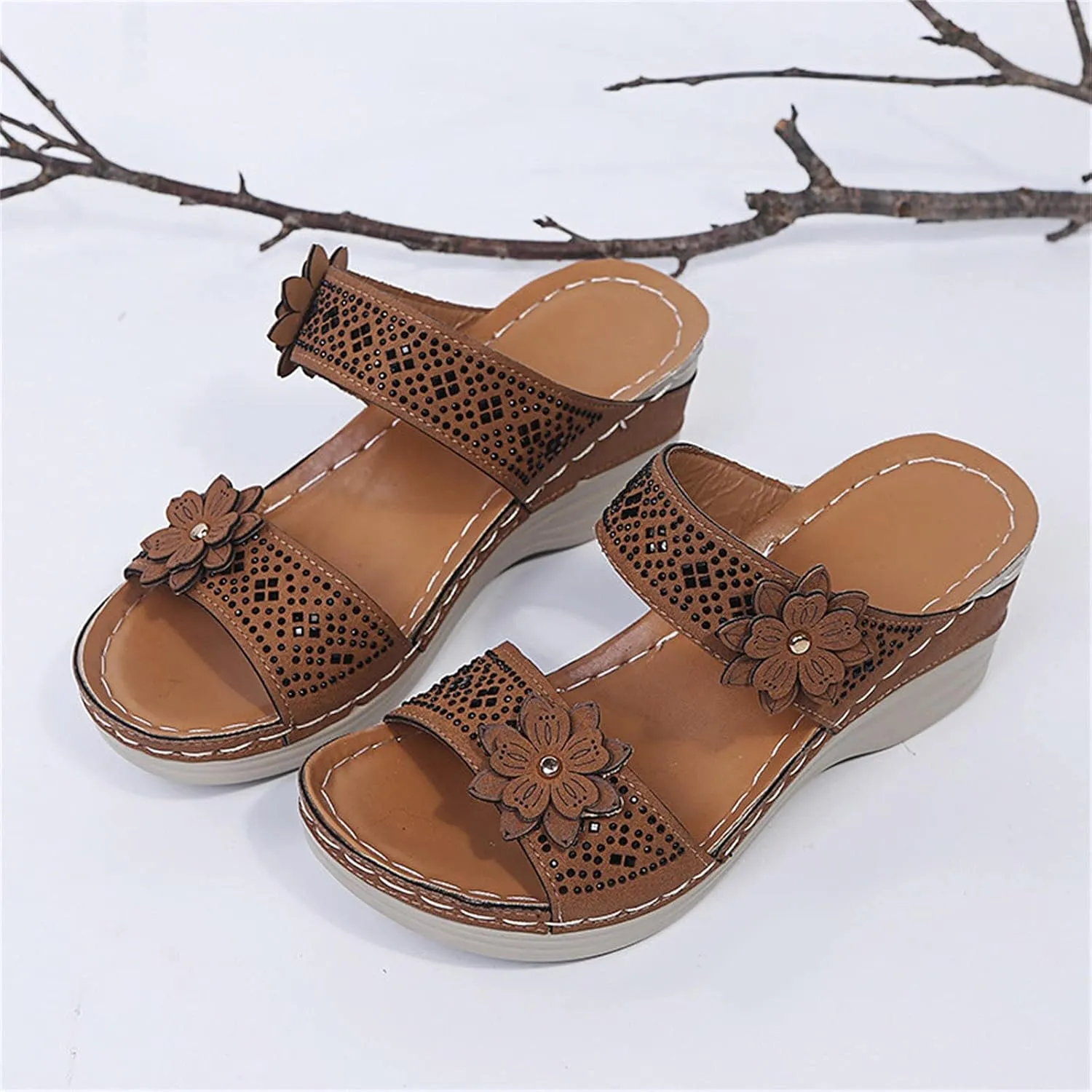 Leather Sandals for Women 2025 Floral Wedge Orthotic Sandal,Comfy Platform Beach Walking Arch Support Fish Mouth Sandals