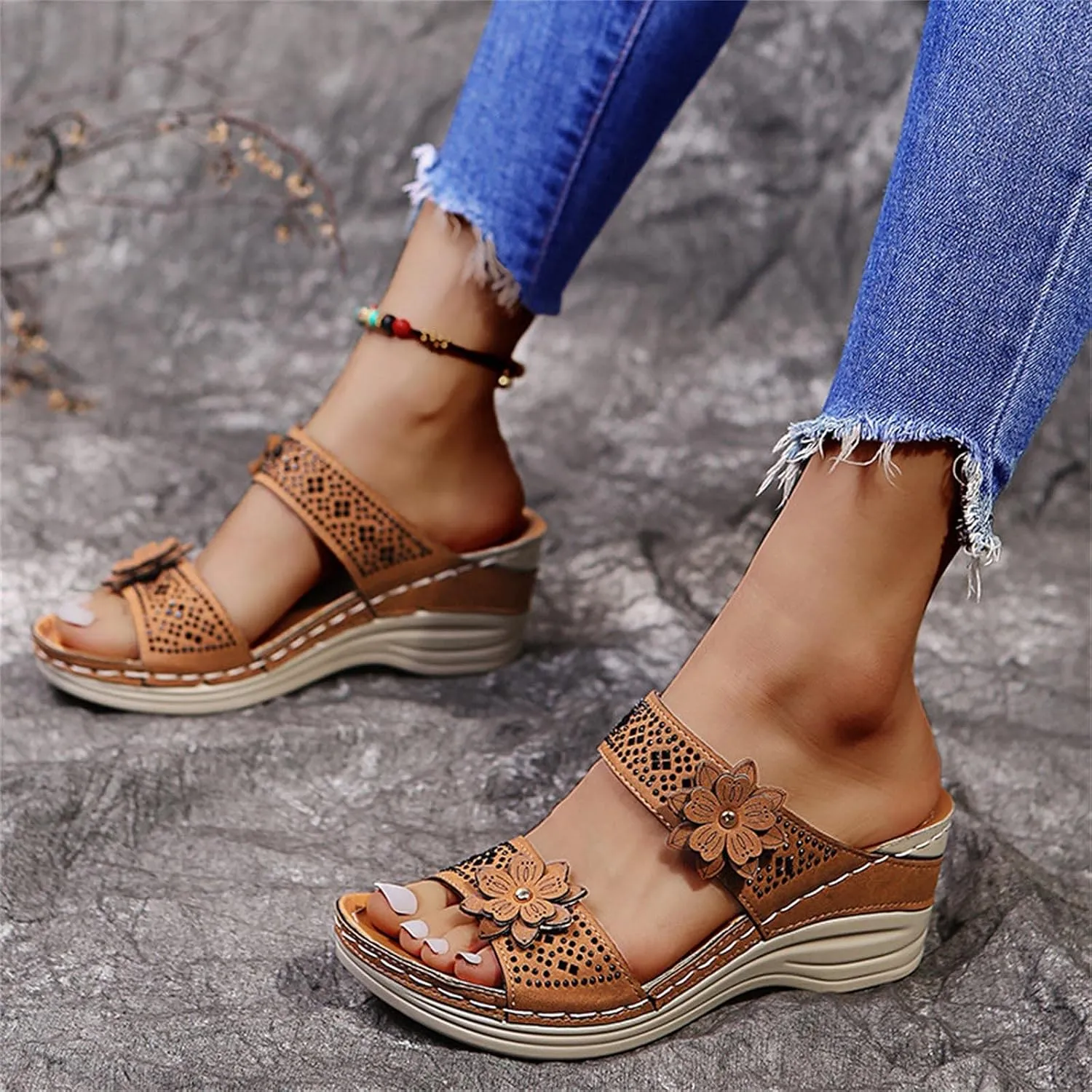 Leather Sandals for Women 2025 Floral Wedge Orthotic Sandal,Comfy Platform Beach Walking Arch Support Fish Mouth Sandals