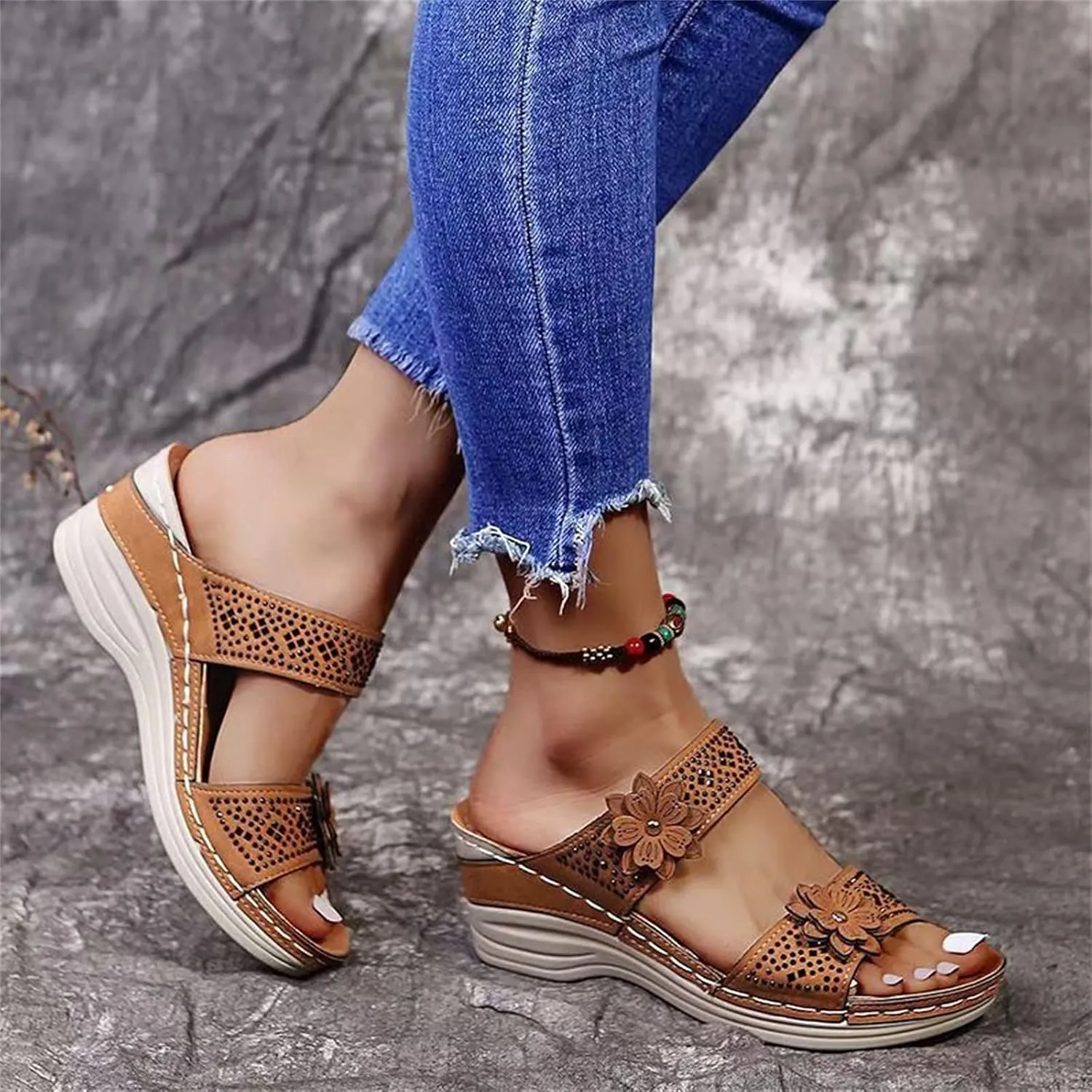 Leather Sandals for Women 2025 Floral Wedge Orthotic Sandal,Comfy Platform Beach Walking Arch Support Fish Mouth Sandals