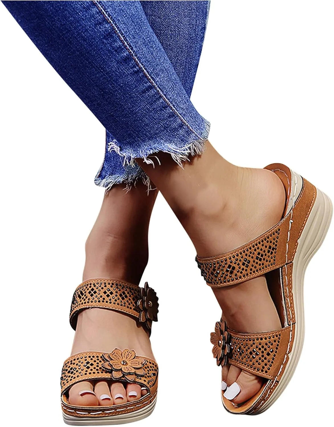 Leather Sandals for Women 2025 Floral Wedge Orthotic Sandal,Comfy Platform Beach Walking Arch Support Fish Mouth Sandals