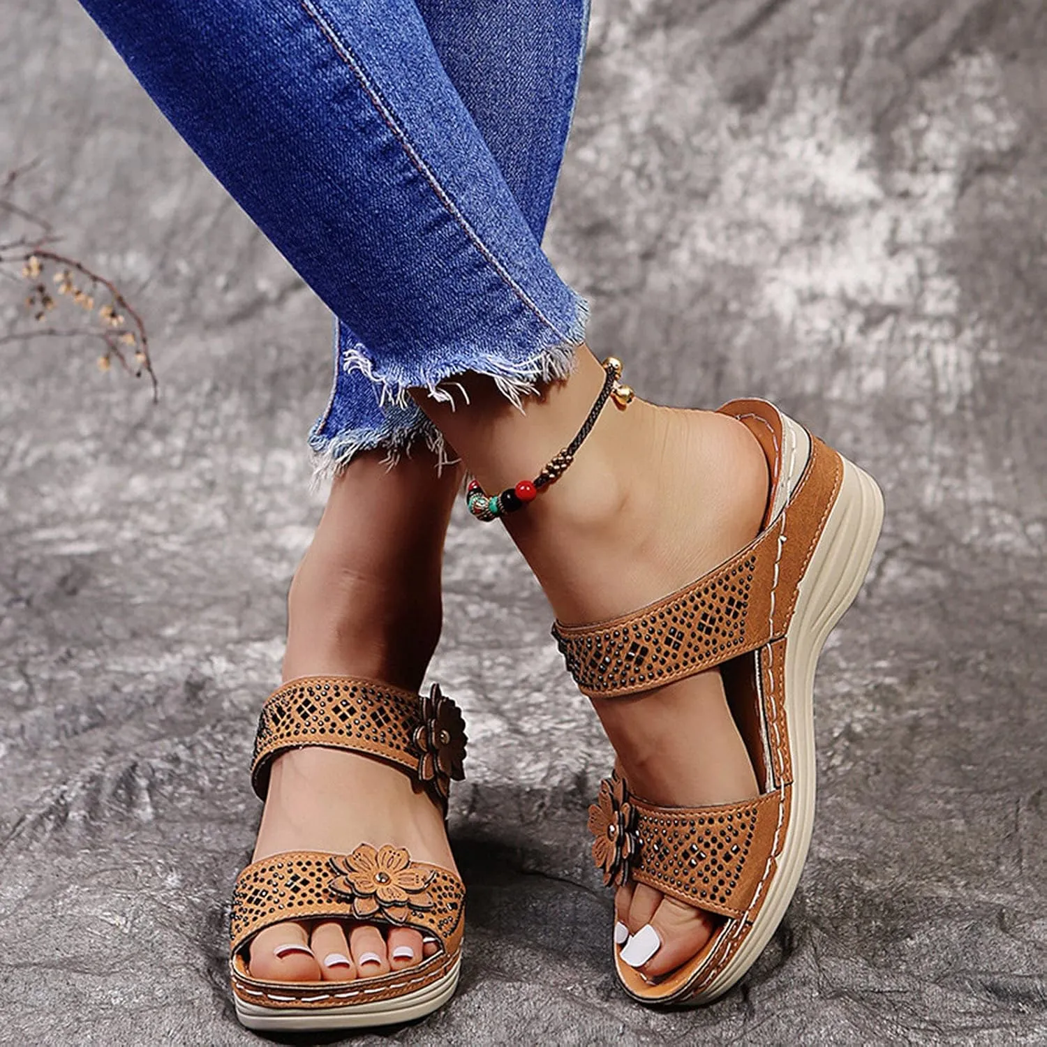 Leather Sandals for Women 2025 Floral Wedge Orthotic Sandal,Comfy Platform Beach Walking Arch Support Fish Mouth Sandals