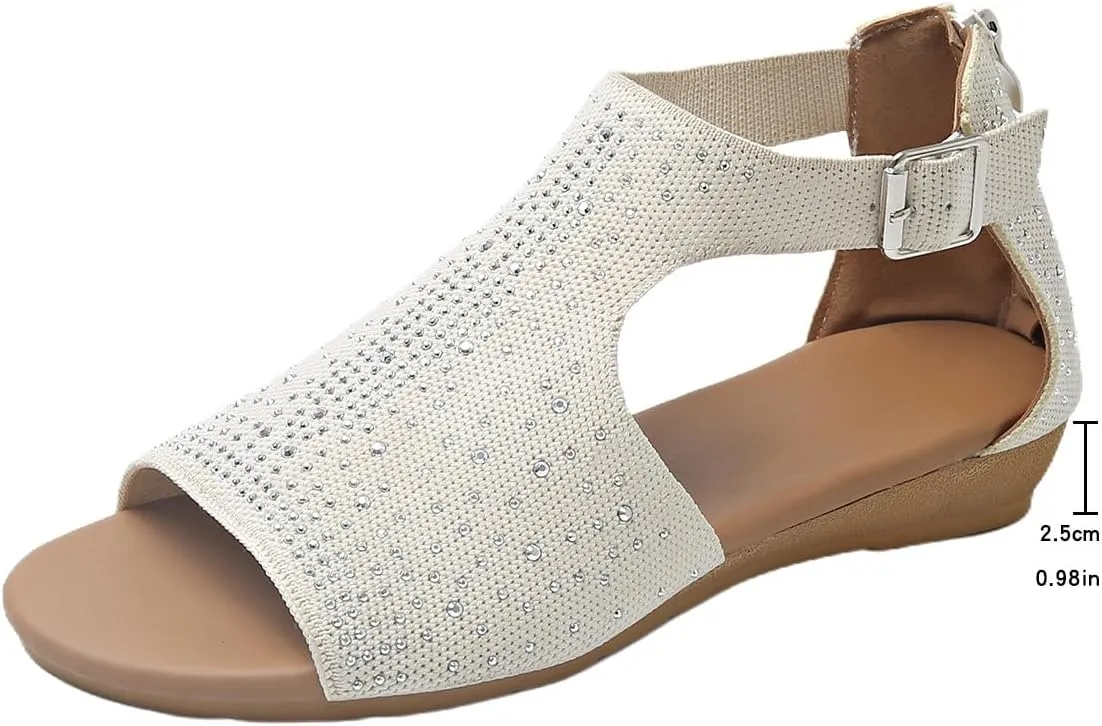 Low Wedge Sandals for Women Rhinestone Hollow Out Wedge Sandals Bohemia Retro Roman Dress Shoes