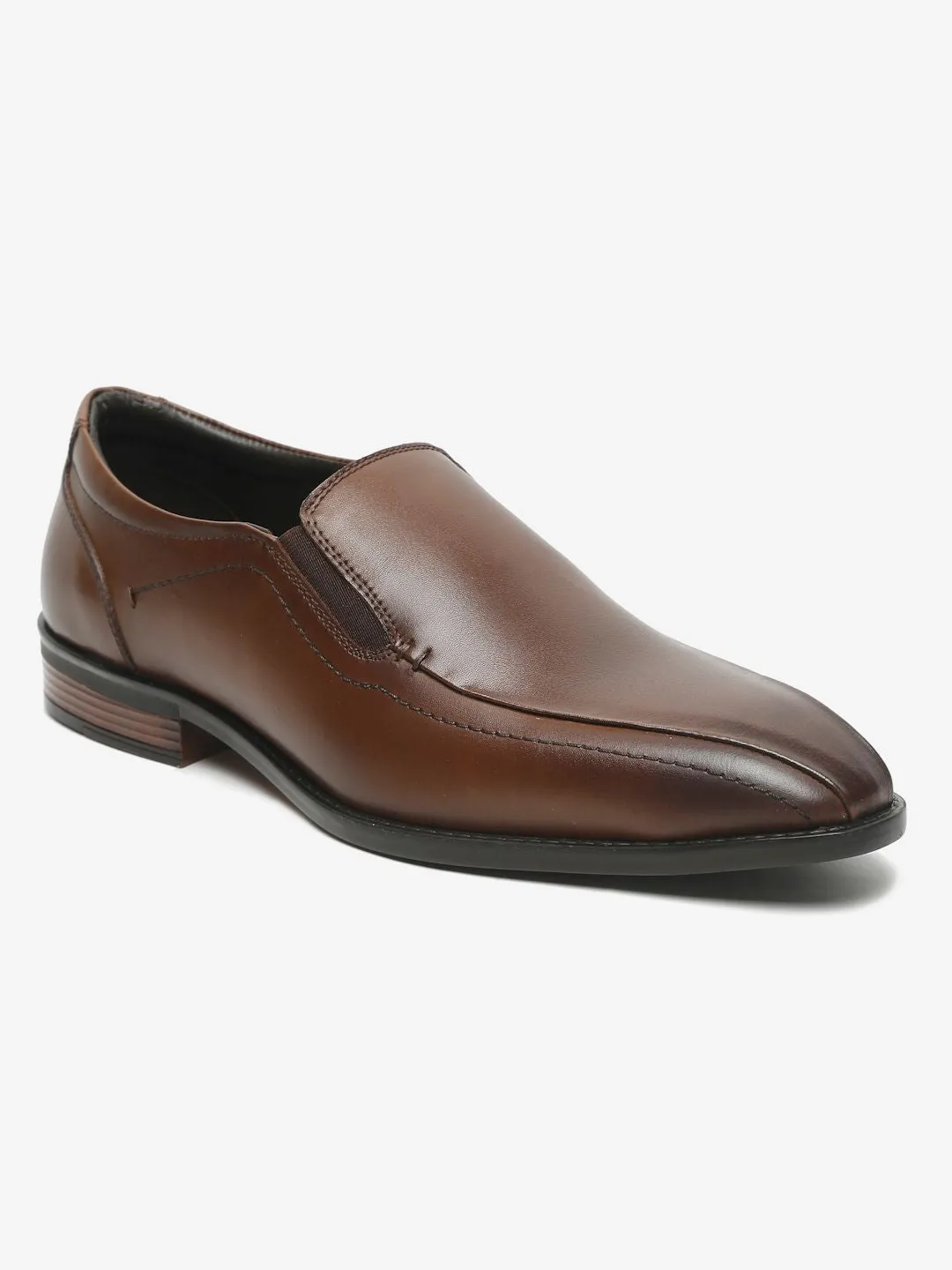 Men Brown Solid Leather Formal Slip-On
