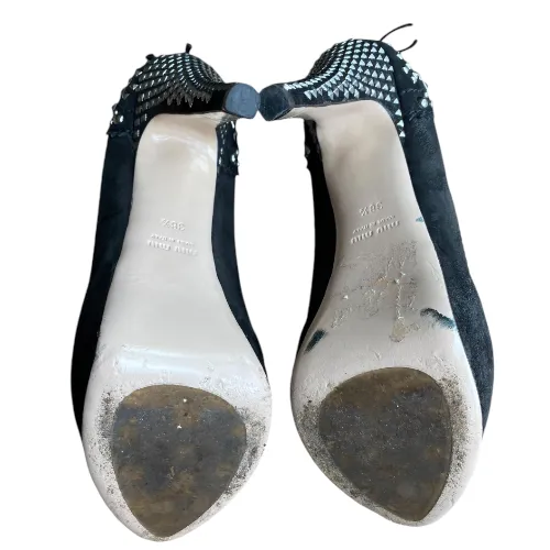 MIU MIU Black Nubuck Studded Heel Platform Pumps, Size 38.5